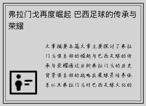 弗拉门戈再度崛起 巴西足球的传承与荣耀