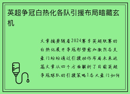 英超争冠白热化各队引援布局暗藏玄机